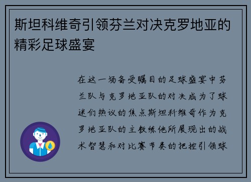 斯坦科维奇引领芬兰对决克罗地亚的精彩足球盛宴