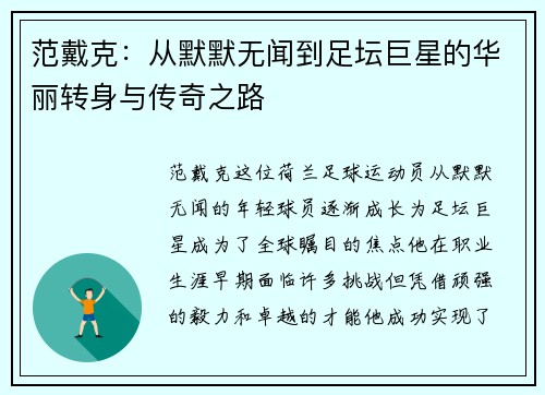范戴克：从默默无闻到足坛巨星的华丽转身与传奇之路