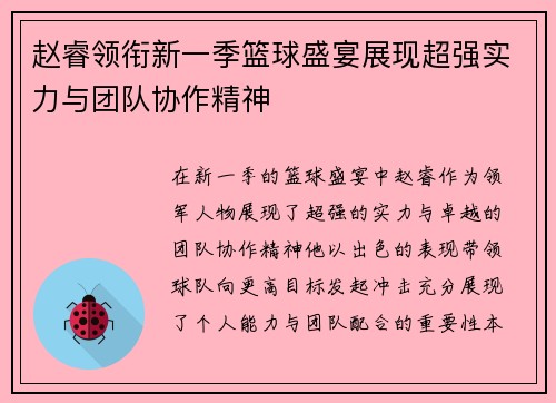 赵睿领衔新一季篮球盛宴展现超强实力与团队协作精神
